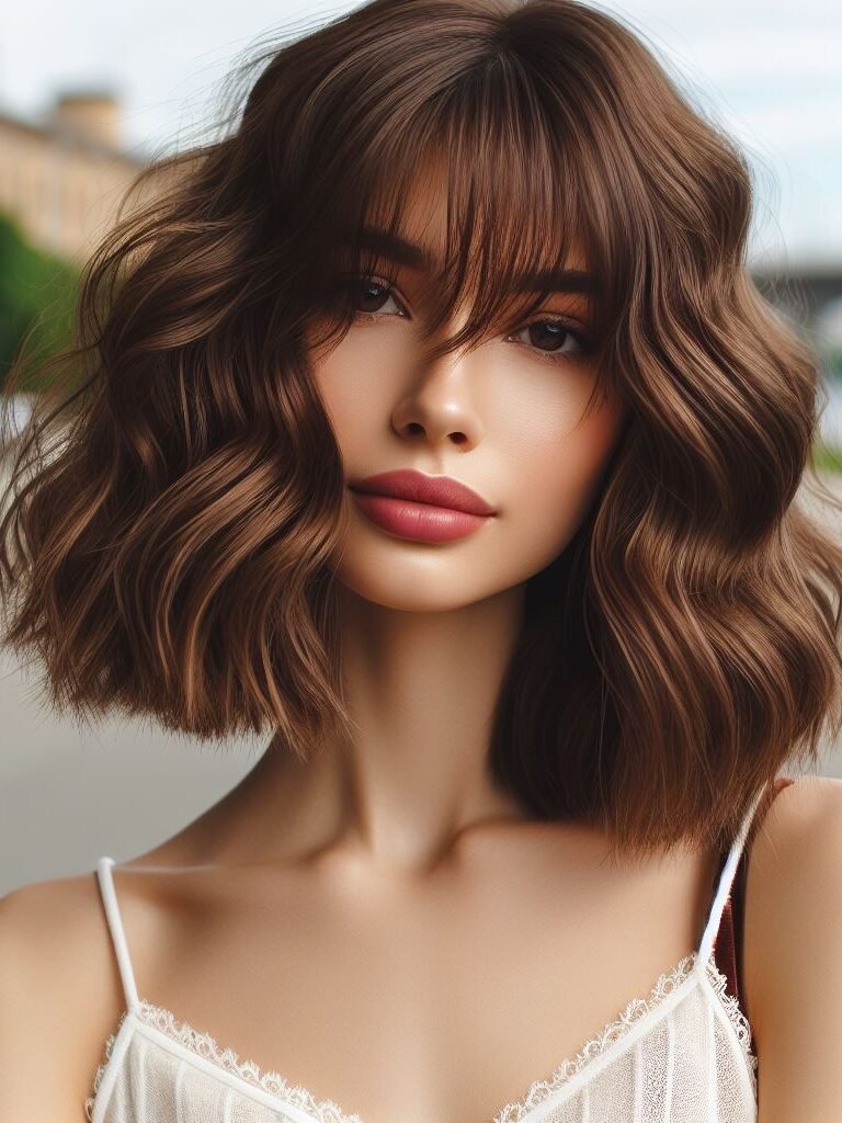 Curtain Bangs: Your Effortless Guide to 55 Stunning Styles! | Pocoko "Embrace timeless elegance with Curtain Bangs on a medium-length bob, complemented by rich brown wavy locks. Effortlessly chic and versatile, this hairstyle exudes sophistication for any occasion. #CurtainBangs #WavyBob #BrownHair #POCOKO"