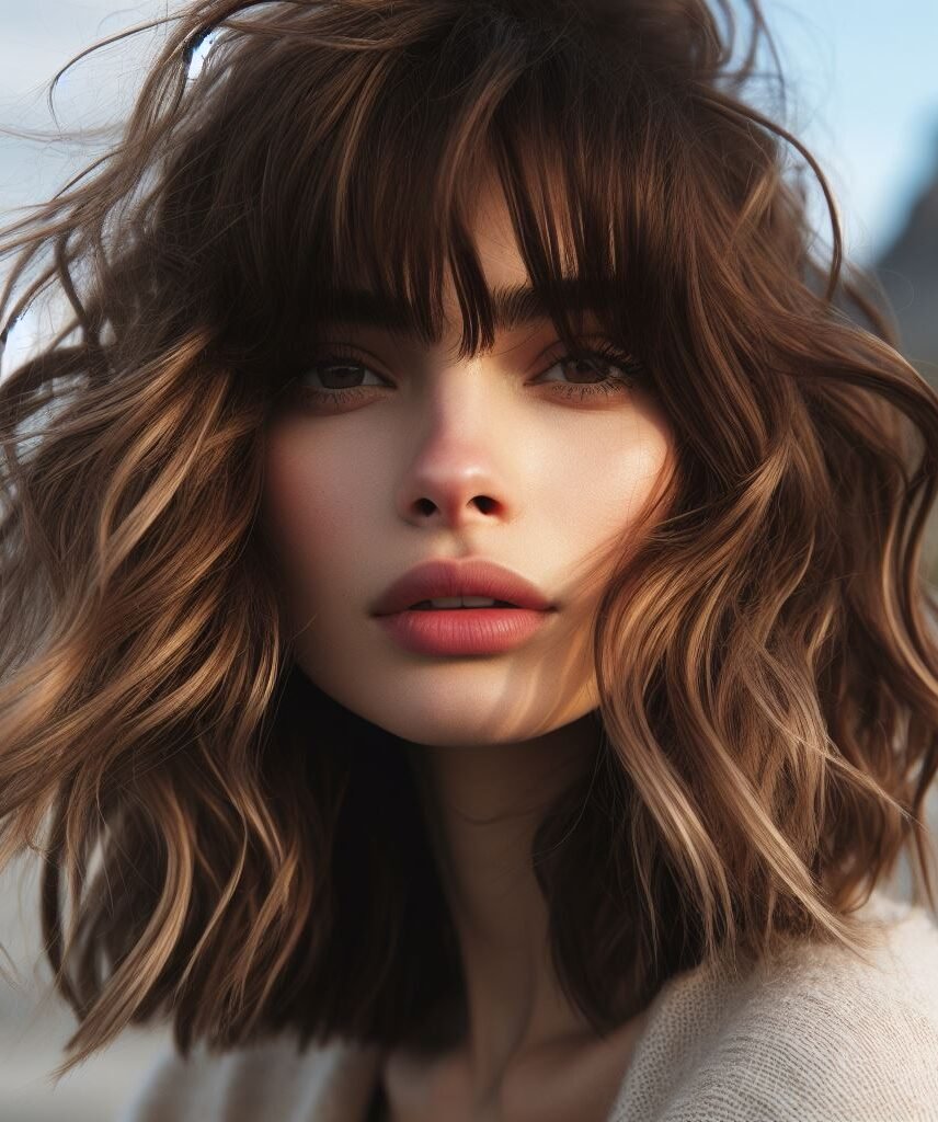 Curtain Bangs: Your Effortless Guide to 55 Stunning Styles! | Pocoko Elevate your style with Curtain Bangs on a medium-length bob featuring brown hair adorned with lower balayage highlights. Effortlessly chic waves add texture and dimension to this sophisticated look. #CurtainBangs #BalayageHair #WavyBob #POCOKO