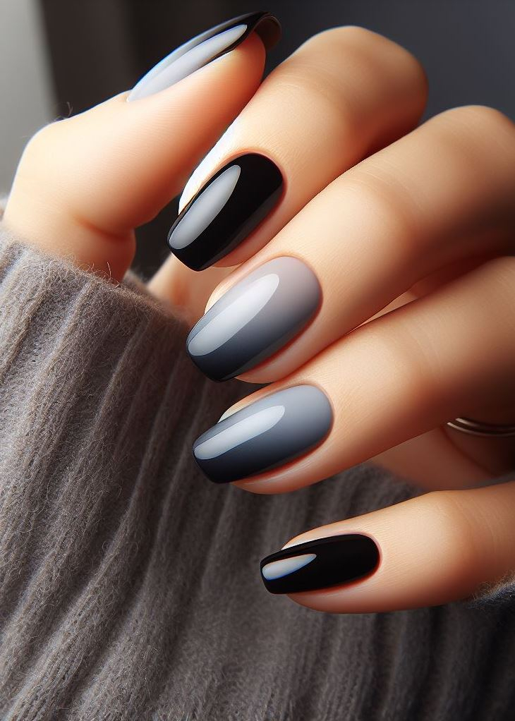 Eleva tu look diario con uñas degradadas de negro a gris. El equilibrio perfecto entre vanguardista y elegante.