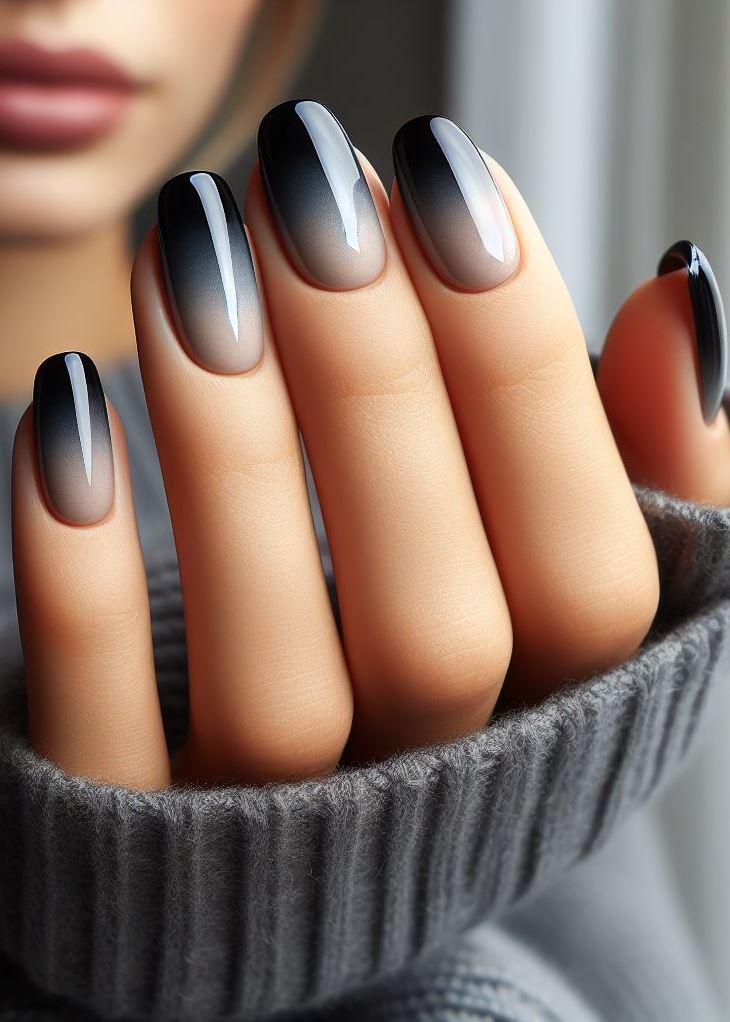 Go dark with a touch of drama! This black to grey gradient is perfect for those who love bold nail art.