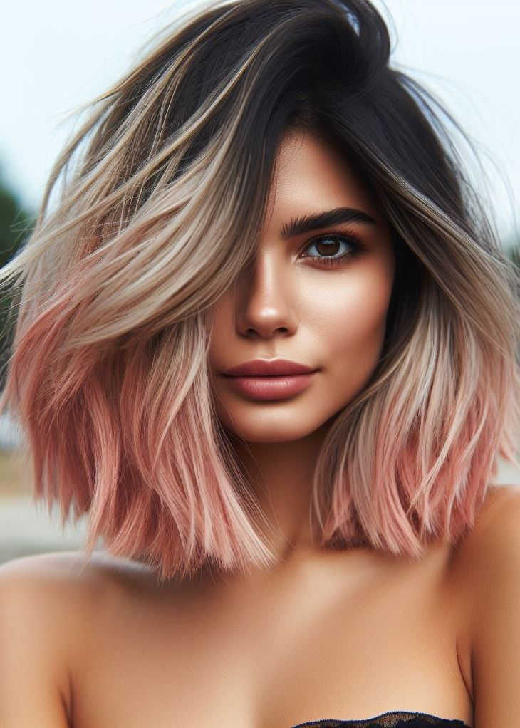 Edgy texture meets playful color! Choppy layers and pastel pink highlights add a fun and flirty touch to medium hair. #mediumhairstyle #pinkhair #pocoko