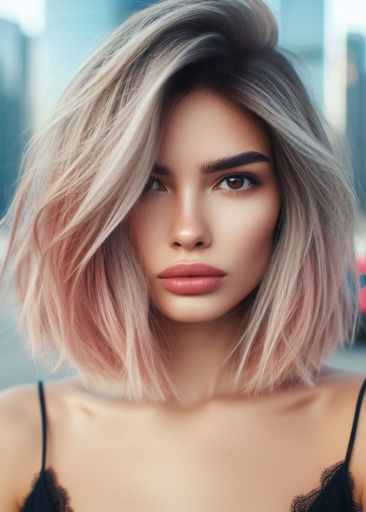 Unleash your inner rockstar! Choppy layers create edgy dimension, while pastel pink highlights add a pop of personality to your medium hair. #hairstyles #haircolor #pocoko