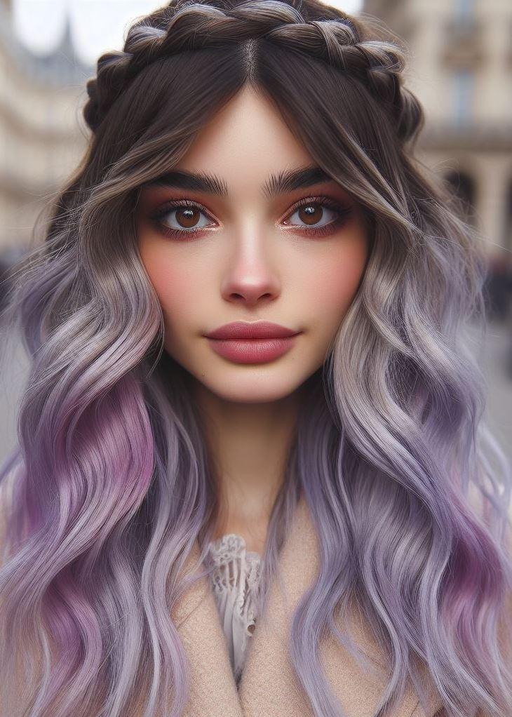 Embrace the calm: Create a serene look with a soft lavender ombre that melts into a delicate crown braid. Perfect for everyday elegance. #Ombrehair #crownbraid #pocoko