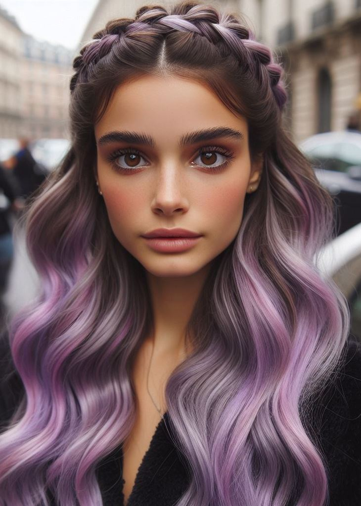 A touch of whimsy: This lavender ombre with a crown braid adds a playful and romantic touch to your hair. #Ombrehairgoals #hairstyleinspiration #pocoko