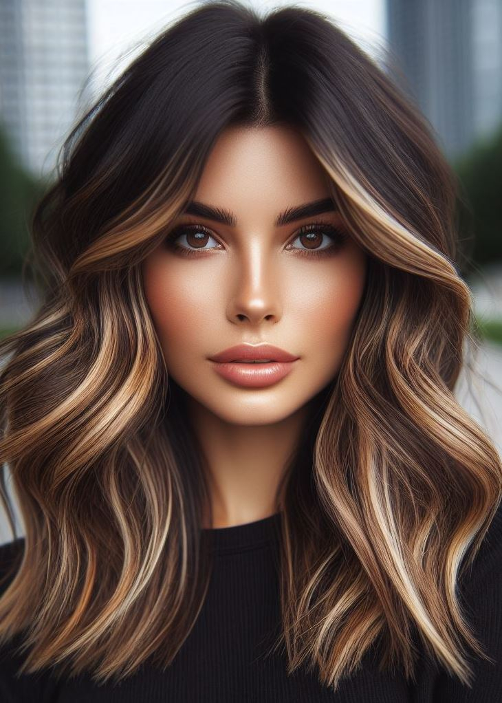 Sun-kissed dimension! Balayage highlights blended from espresso to caramel create a warm and natural look on medium hair. #mediumhairstyle #balayage #pocoko