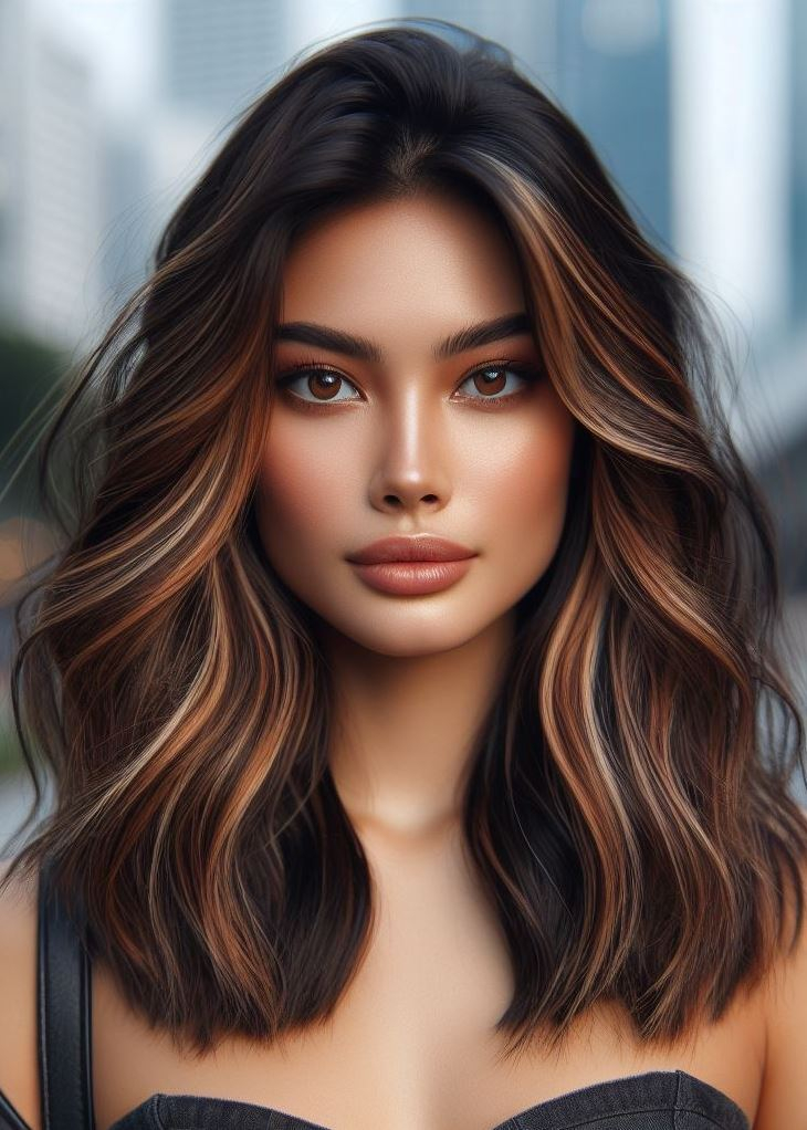 Effortless beauty! Balayage highlights, blending espresso to caramel, create a seamless and sun-kissed effect on medium hair. #hairgoals #balayagehair #pocoko