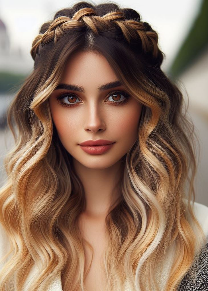 Effortless elegance: Elevate your everyday style with a sophisticated blonde ombre cascading into a chic crown braid. #hairstyleoftheday #hairstylesforlonghair #pocoko
