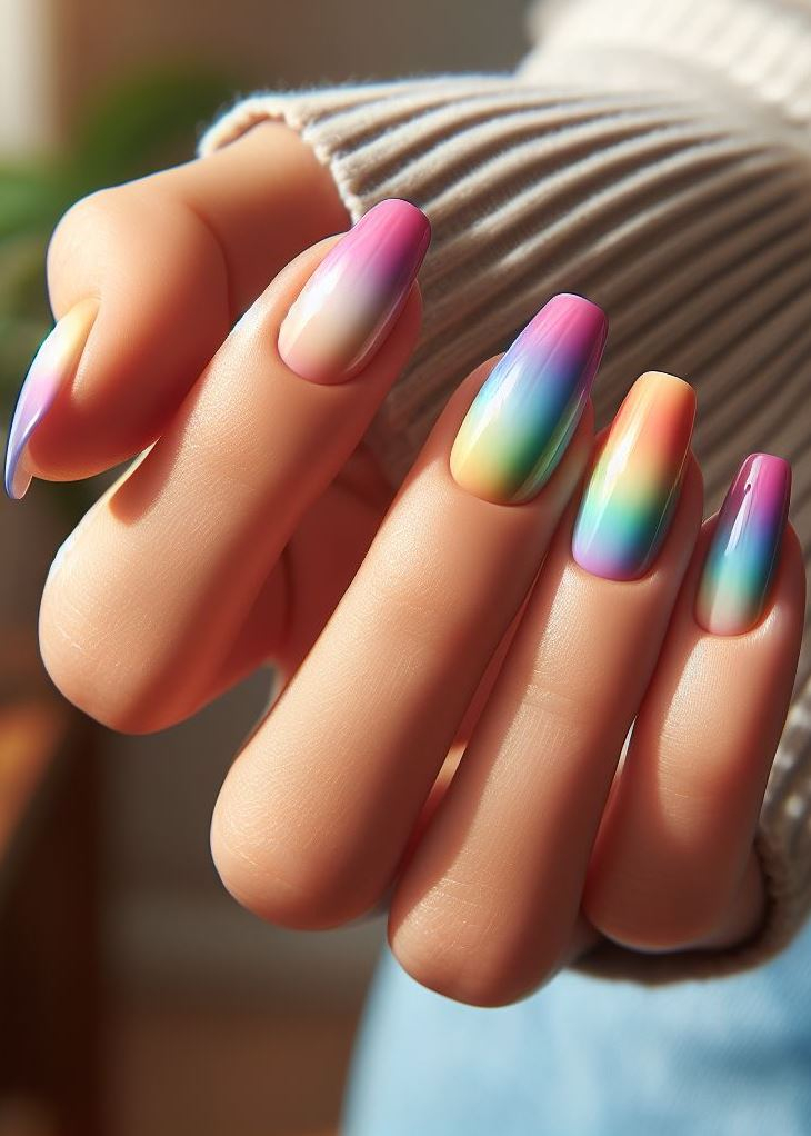 Unleash your inner unicorn with rainbow ombre nails! A vibrant spectrum of color for a playful and eye-catching mani.