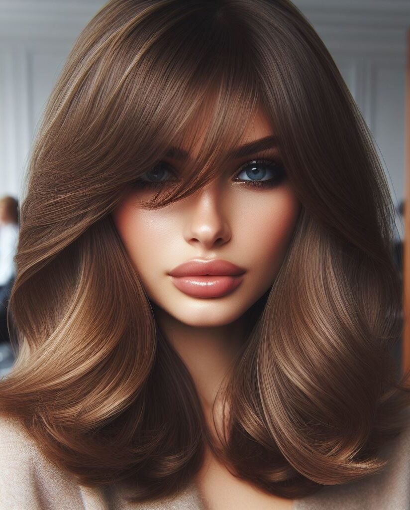 Curtain Bangs: Your Effortless Guide to 55 Stunning Styles! | Pocoko Experience glamour with Curtain Bangs on medium-length straight hair, featuring brown tones with blonde highlights. The voluminous curls at the ends add a touch of elegance and charm to this versatile hairstyle. #CurtainBangs #StraightHair #BrownWithBlondeHighlights #VoluminousCurls #POCOKO