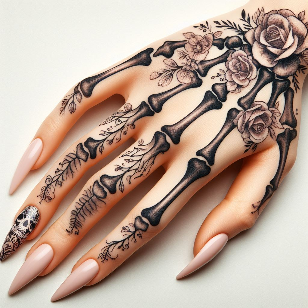 Skeleton Hand Tattoo: Unveiling the Power and Beauty of Bony Brilliance | Pocoko A Garden on Bone Canvas: This hauntingly beautiful Skeleton Hand Tattoo showcases a captivating transformation. The meticulously detailed bones are adorned with vibrant roses and delicate vines that seem to grow and wind around them. This design symbolizes the enduring cycle of life and death, with new life taking root and blossoming even from the remnants of what once was. #pocoko #skeletonhandtattoo #rosetattoo #vinetattoo #mementovivere