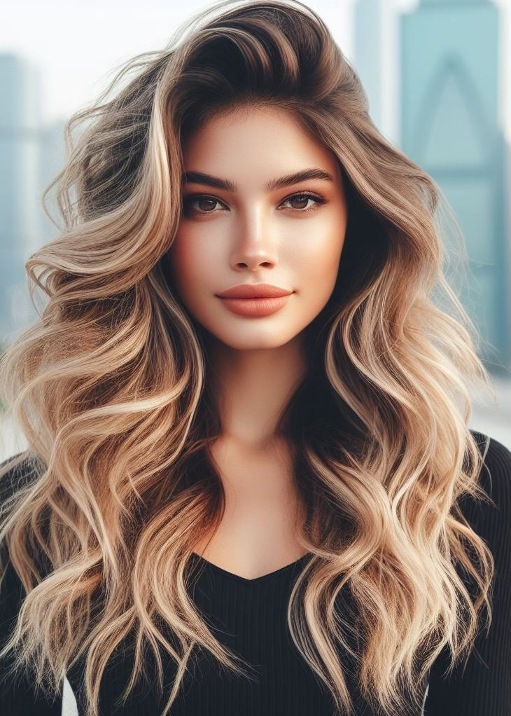Natural beauty with a touch of sunshine! Sun-kissed blonde highlights dance through loose curls on medium hair, creating a dimensional and flattering style. #hairgoals #curlsfordays #pocoko