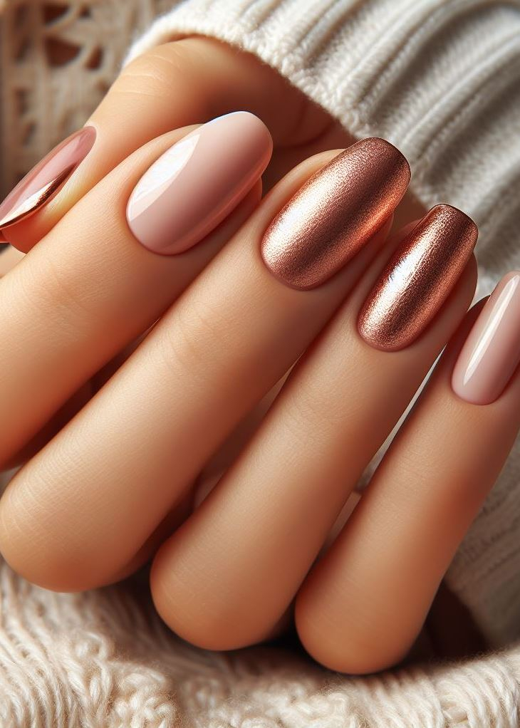 ¡La sutileza nunca se vio tan bien! Las uñas sombrías de color nude a oro rosa ofrecen un toque de elegancia con un toque de brillo. ✨