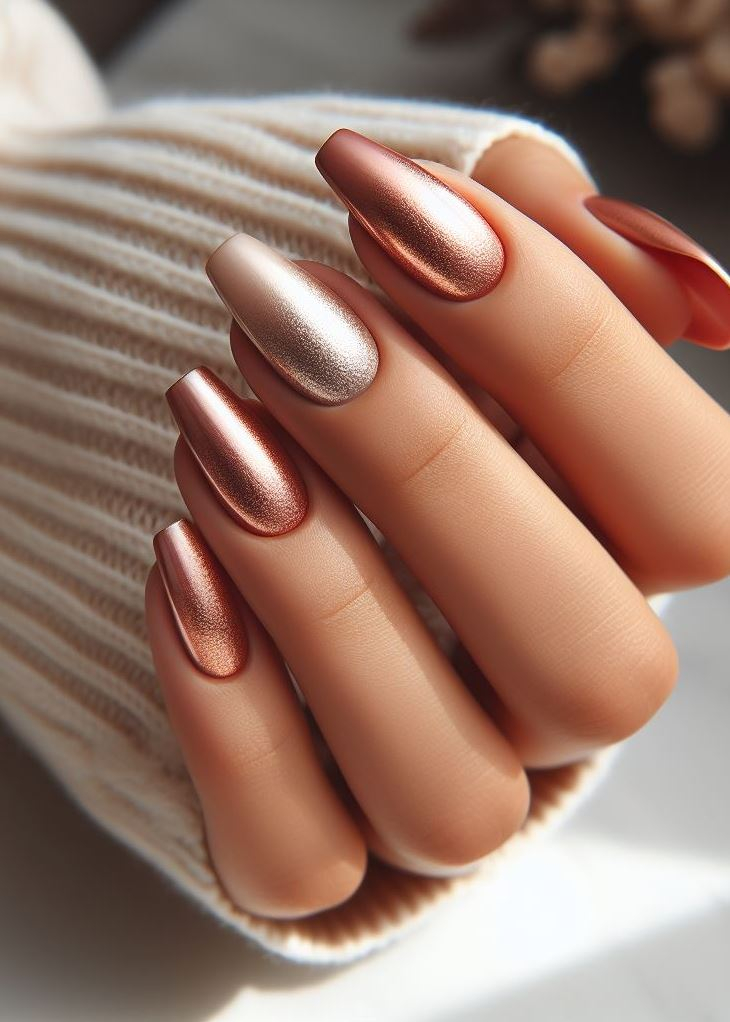 Classics with a twist! This nude to rose gold ombre adds a touch of modern glamour to your fingertips.