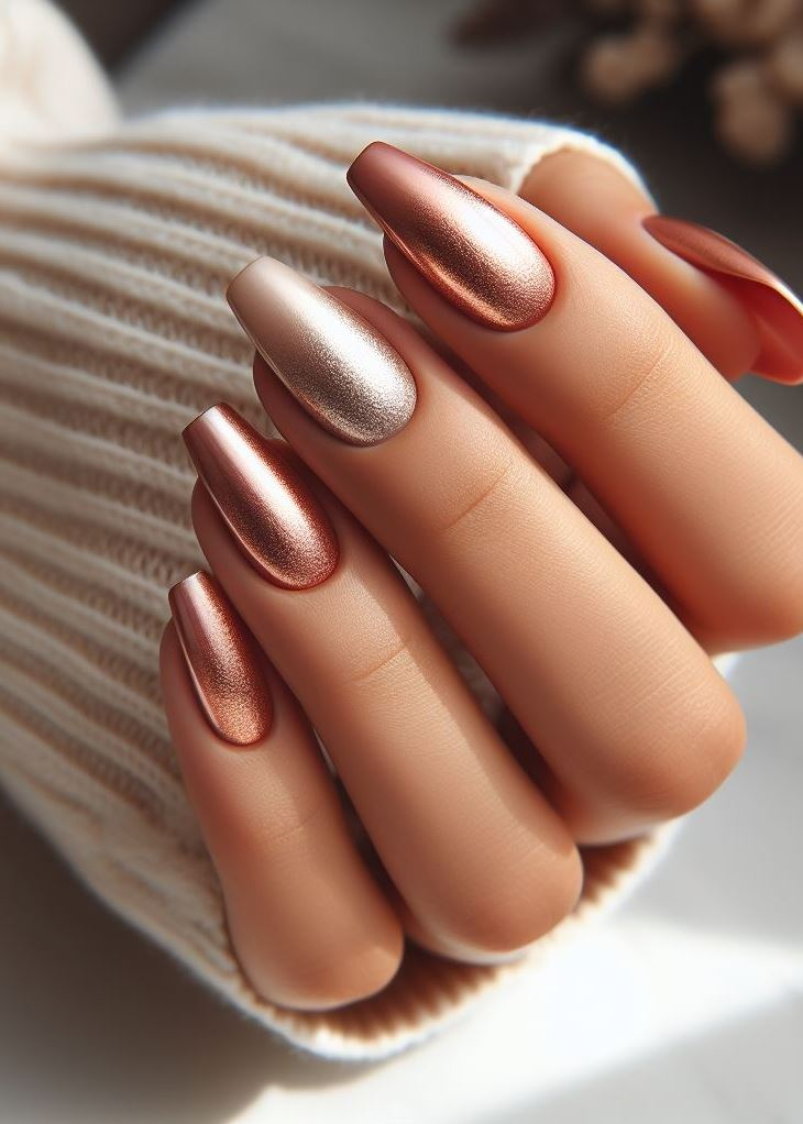 Classics with a twist! This nude to rose gold ombre adds a touch of modern glamour to your fingertips.