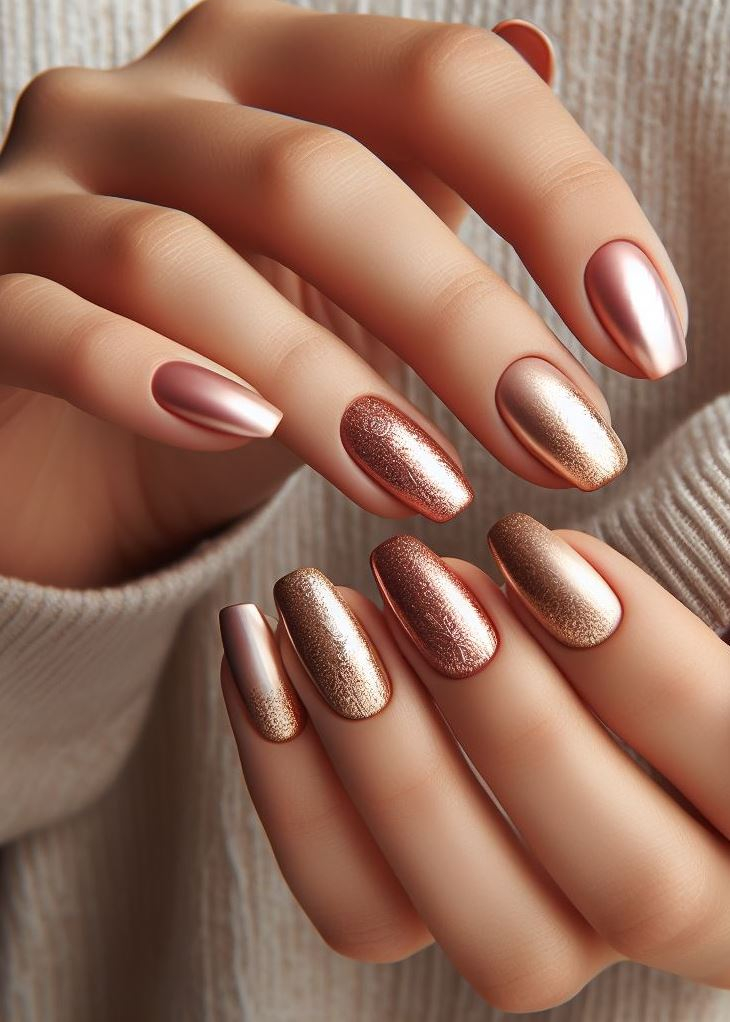 ¡La elegancia cotidiana redefinida! Las uñas sombrías de color nude a dorado rosa son perfectas para cualquier ocasión, ya sea elegante o informal.