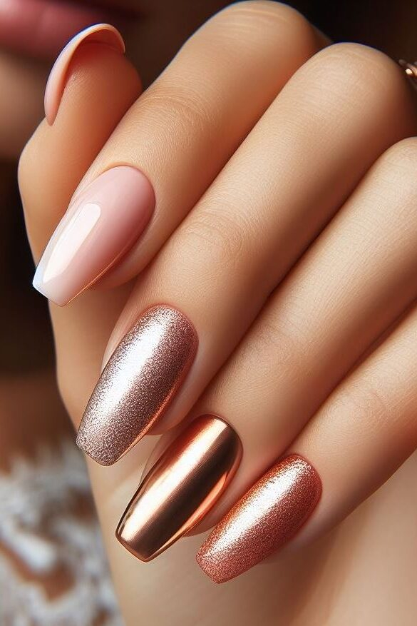 ¿Te sientes como la realeza? Luce uñas sombrías de color nude a dorado rosa para darle un toque de brillo sofisticado.