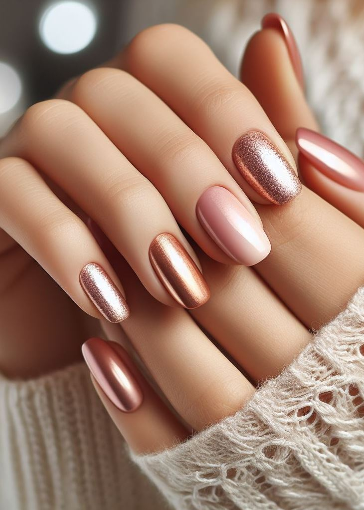 ¡Las uñas nude son tan de la última temporada! Este ombre de color nude a dorado rosa agrega un toque de calidez y brillo para una apariencia moderna.