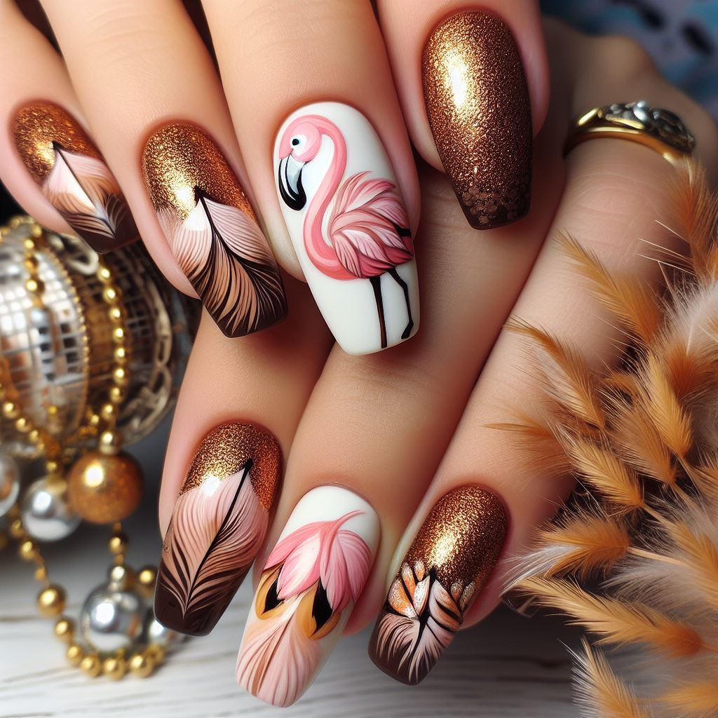 flamingo nail art with brown and gold colors and feathers 