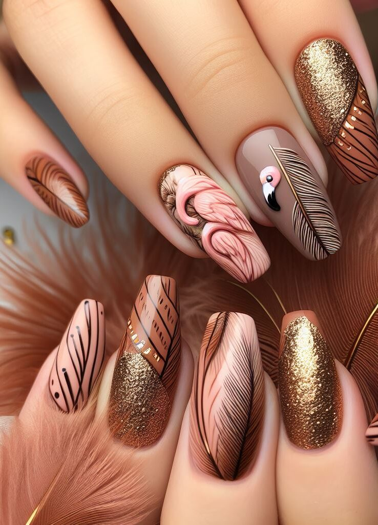 A flamingo nail art with brown and gold colors and feathers (1)