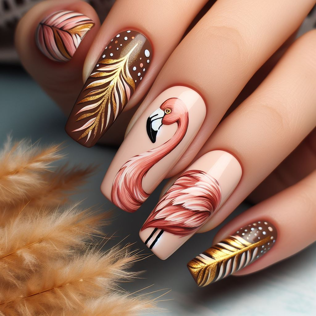 A flamingo nail art with brown and gold colors and feathers 