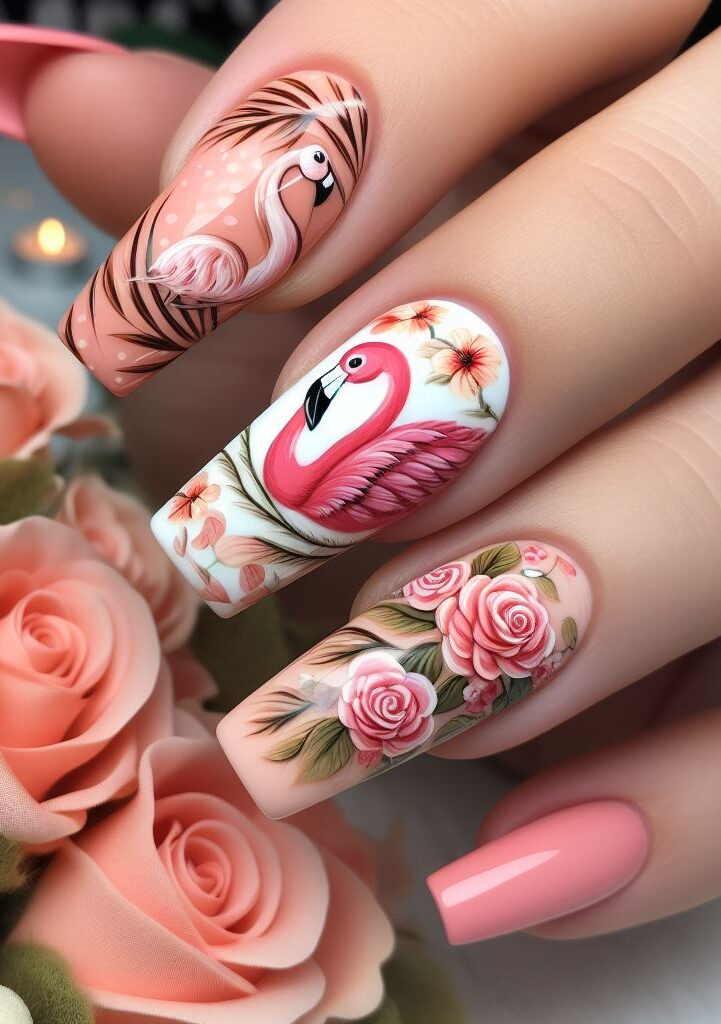 Channel your inner flamingo royalty with this exquisite nail art! Creamy polish is elevated with soft peach and features majestic flamingos standing tall amongst blooming roses.