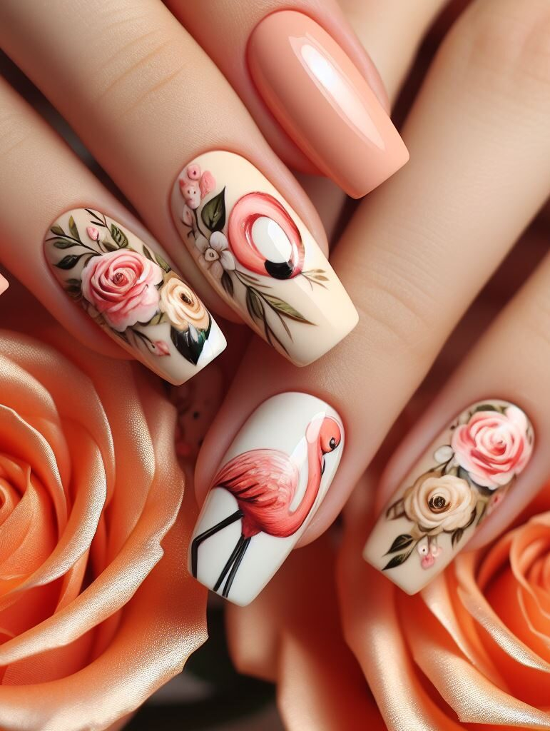¡Deshazte de lo ordinario con este romántico arte de uñas con flamencos! Un lienzo color crema cobra vida con suaves detalles en melocotón, elegantes flamencos y hermosas rosas en flor.