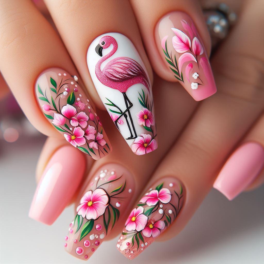 Un arte de uñas de flamenco con colores rosa y blanco y flores tropicales.