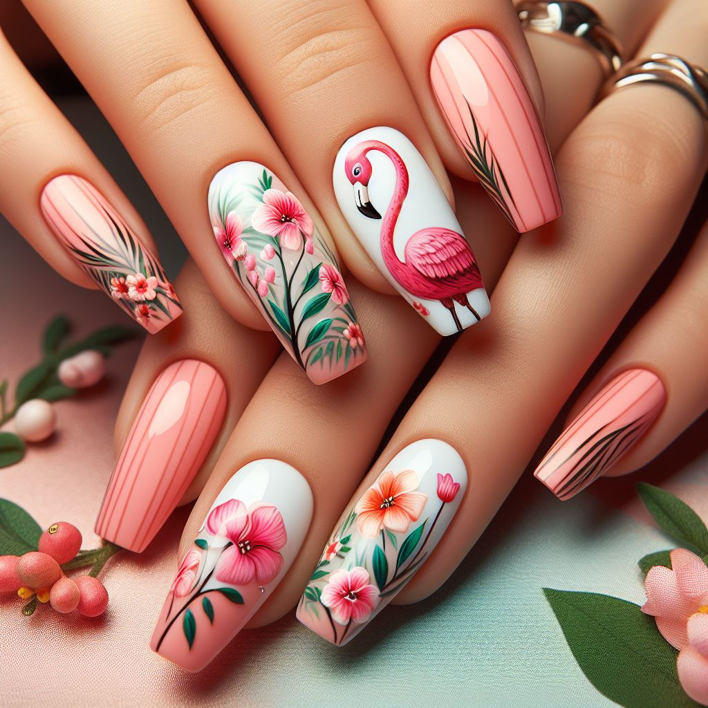 A flamingo nail art with pink and white colors and tropical flowers