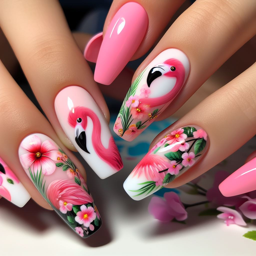 A flamingo nail art with pink and white colors and tropical flowers