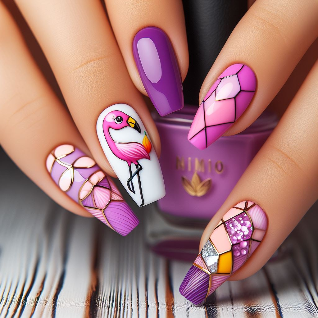 A flamingo nail art with purple and yellow colors and geometric shapes