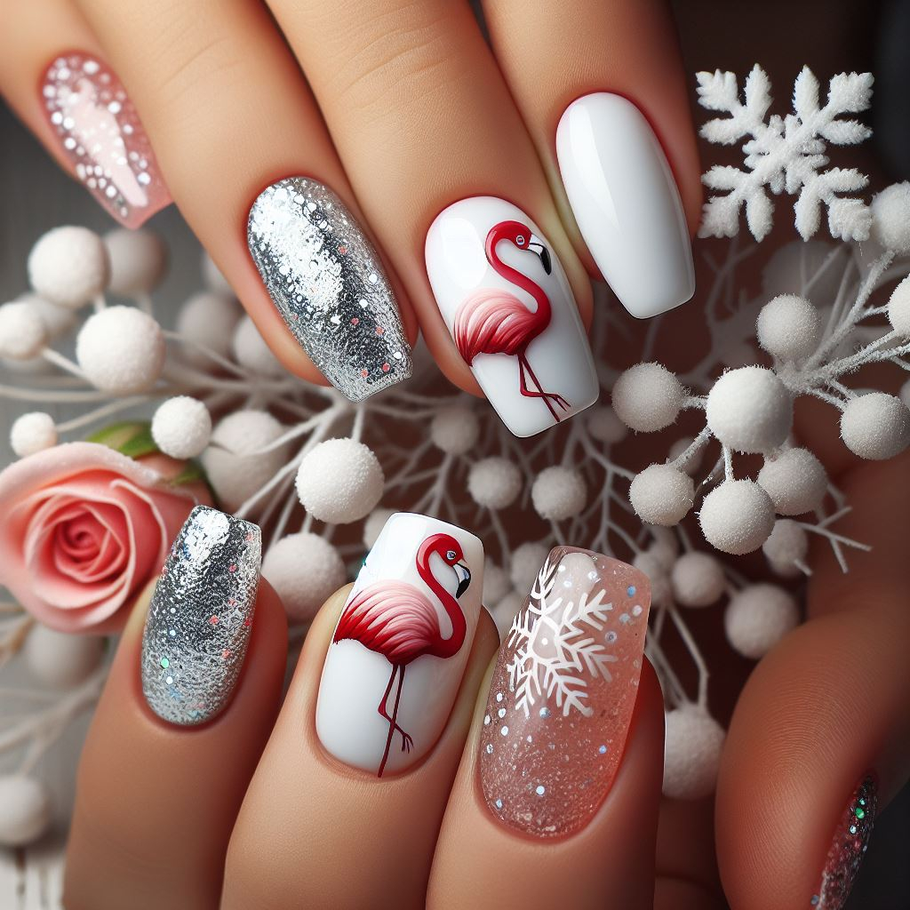 arte de uñas de flamenco con colores blanco y plateado y copos de nieve