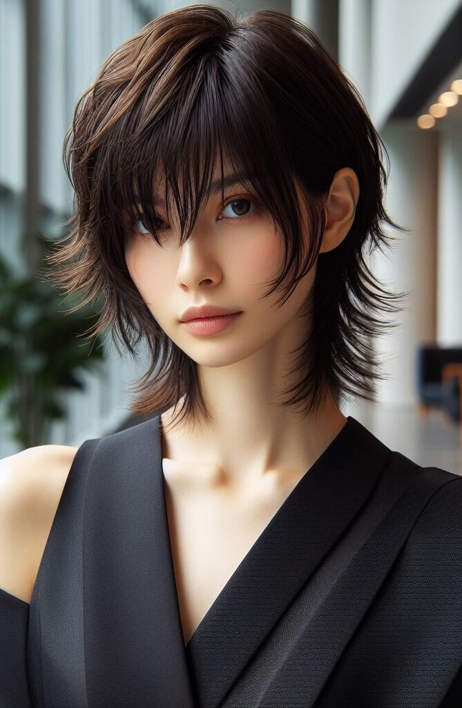 Curtain Bangs: Your Effortless Guide to 55 Stunning Styles! | Pocoko Edgy and unique! This hairstyle combines the effortless cool of curtain bangs with a trendy asymmetrical cut. The different hair lengths create a dynamic and eye-catching look, while the bangs keep things stylish and balanced. Perfect for those who want to express their individuality! #pocoko #curtainbangs #asymmetricalcut #hairstylewithpersonality