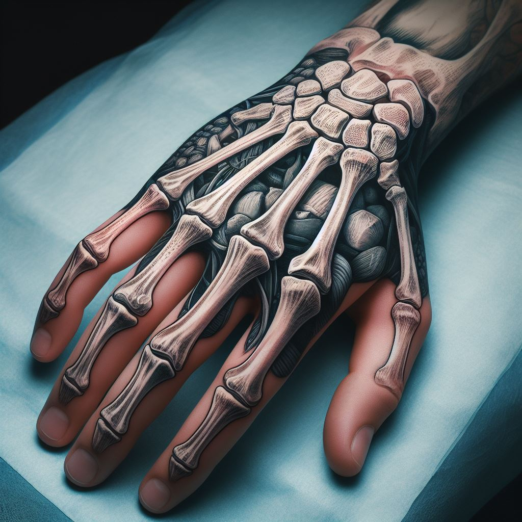 Skeleton Hand Tattoo: Unveiling the Power and Beauty of Bony Brilliance | Pocoko Ancestral Guidance: This Skeleton Hand Tattoo honors tradition. The meticulously detailed bones form a hand, reaching out as if offering guidance. This design can symbolize the connection to one's ancestors, their presence a source of strength even beyond life. #pocoko #skeletonhandtattoo #ancestralbond #rootsandwings