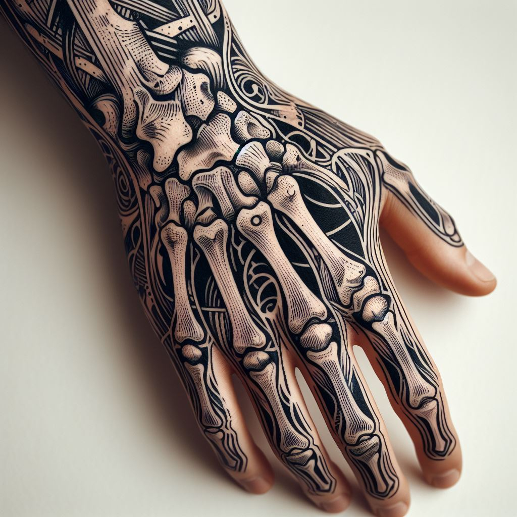Skeleton Hand Tattoo: Unveiling the Power and Beauty of Bony Brilliance | Pocoko Embrace the Unknown: This Skeleton Hand Tattoo features a touch of mystery. The meticulously detailed bones form a hand reaching out into the unknown. This design symbolizes the inevitable journey beyond life's veil, a reminder to face the future with courage and curiosity. #pocoko #skeletonhandtattoo #embracethemystery #lifeafterlife