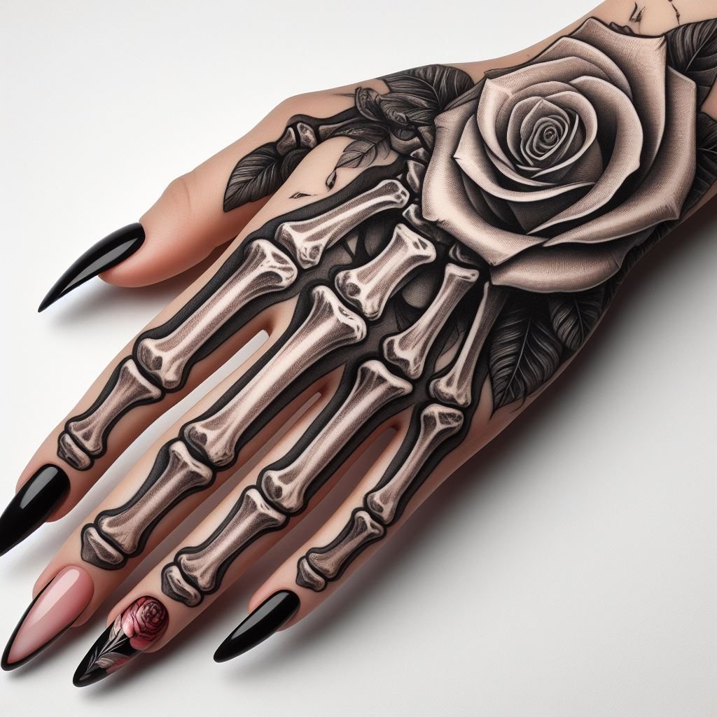 Skeleton Hand Tattoo: Unveiling the Power and Beauty of Bony Brilliance | Pocoko Love's Eternal Bloom: This striking Skeleton Hand Tattoo showcases a powerful contrast. A meticulously detailed hand rendered in bone reaches out to cradle a stunning rose on the wrist. This design symbolizes the enduring power of love, a vivid reminder that love transcends the boundaries of life and death. #pocoko #skeletonhandtattoo #rosetattoo #eternallove