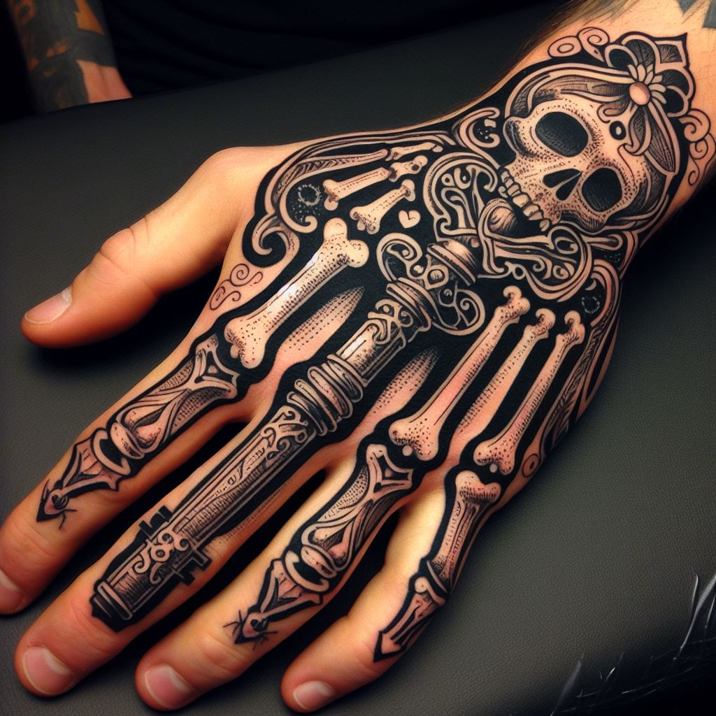 Skeleton Hand Tattoo: Unveiling the Power and Beauty of Bony Brilliance | Pocoko This Skeleton Hand Tattoo unlocks a world of possibilities. The meticulously detailed bones and joints create a captivating canvas for a weathered, ancient key. This design symbolizes the power to unlock hidden potential, even beyond the boundaries of life itself. #pocoko #skeletonhandtattoo #ancientkeytattoo #unlockpotential