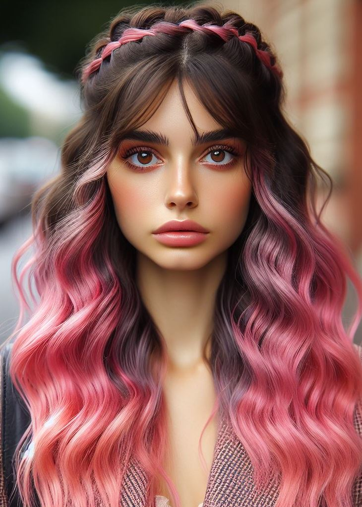 Sweet and sassy! This bubblegum pink ombre with a crown braid is the perfect hairstyle for the fun-loving girl. #pinkhairstyle #crownbraid #pocoko