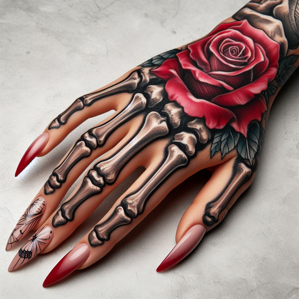 Skeleton Hand Tattoo: Unveiling the Power and Beauty of Bony Brilliance | Pocoko Beauty Blooms from Decay: This Skeleton Hand Tattoo features a hauntingly beautiful contrast. The meticulously detailed bones create a stark reminder of mortality. Yet, a vibrant red rose blooms on the wrist, symbolizing the enduring beauty that can flourish even after death. #pocoko #skeletonhandtattoo #rosetattoo #beautyfromashes