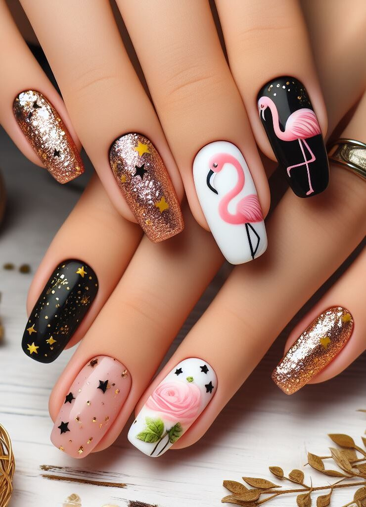 Nighttime elegance meets tropical vibes with this black and gold flamingo nail art! ✨ Flamingos stand out with their silhouette against a starry backdrop. ✨ 
