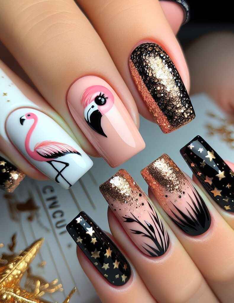 Obsessed with these starry flamingo nails! ✨ Black and gold create a chic base, while the graceful flamingos and twinkling stars add a touch of whimsy. ✨ 