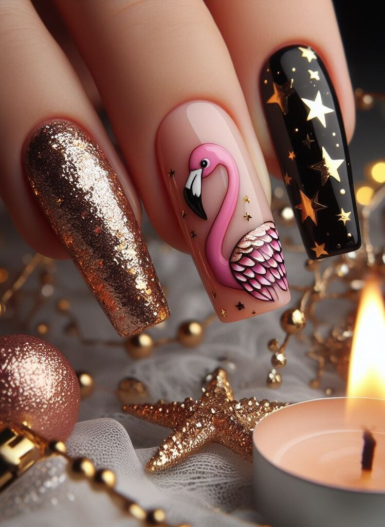 Reach for the stars with this fierce flamingo nail art! Black and gold combine for a bold look, accented by majestic flamingos soaring among the stars.