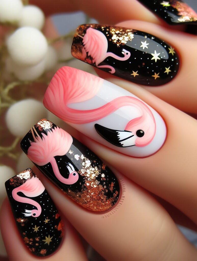 Be a flamingo in a night sky! These black and gold nails feature elegant flamingos dancing beneath a canopy of sparkling stars.