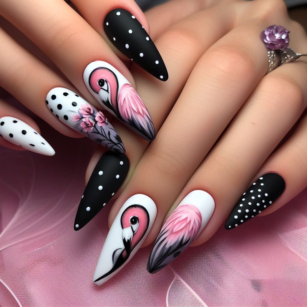 flamingo nail art with black and white colors and polka dots