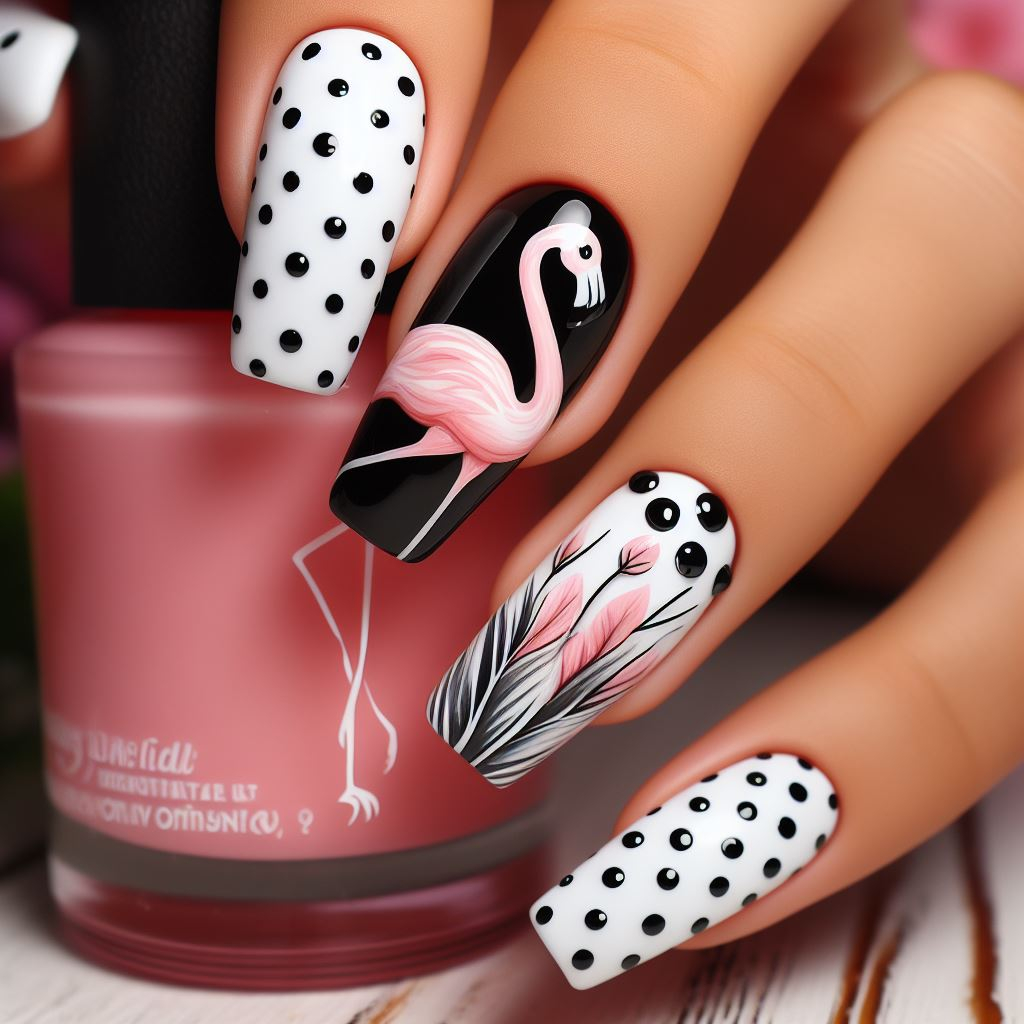  flamingo nail art with black and white colors and polka dots