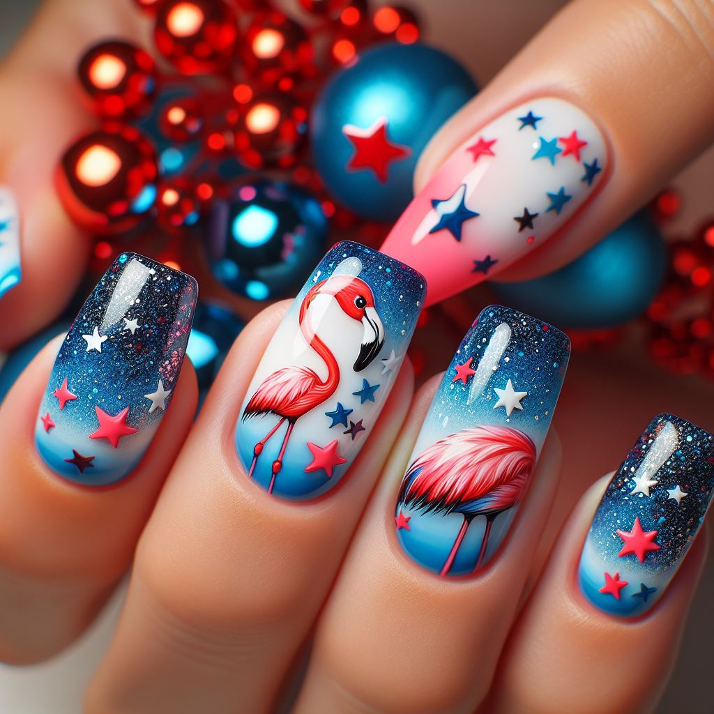 flamingo nail art with blue and red colors and stars