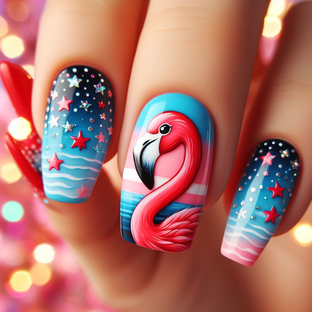 flamingo nail art with blue and red colors and stars