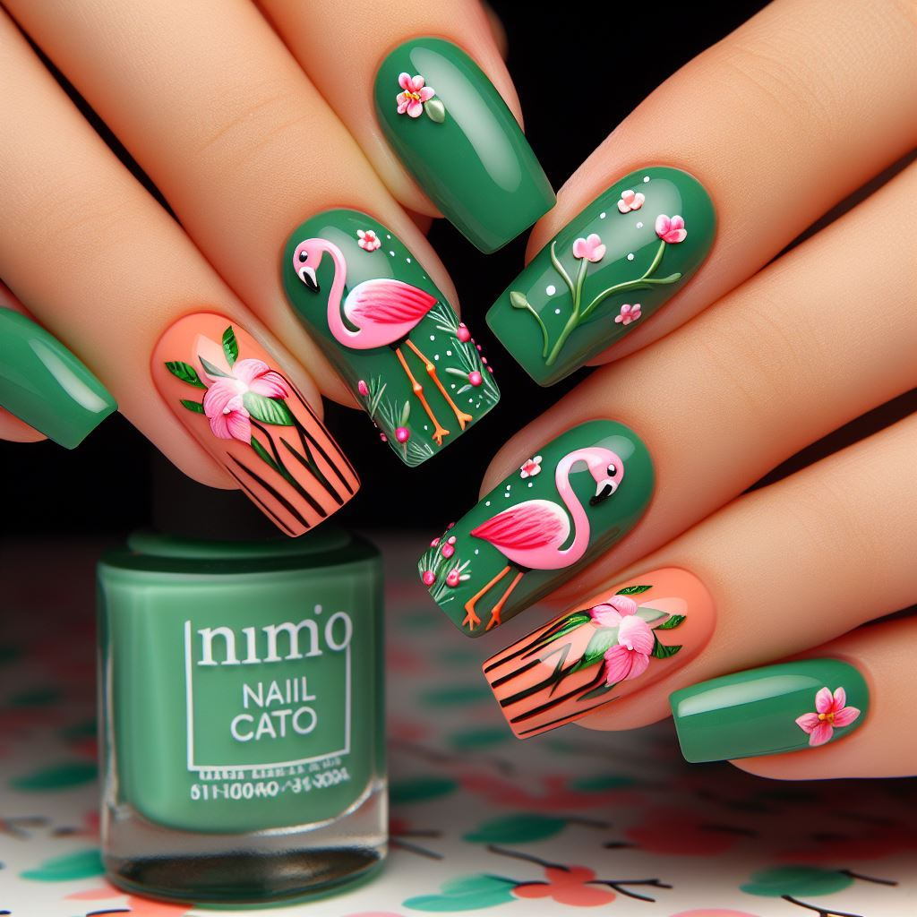  flamingo nail art with green and orange colors and flamingo stickers