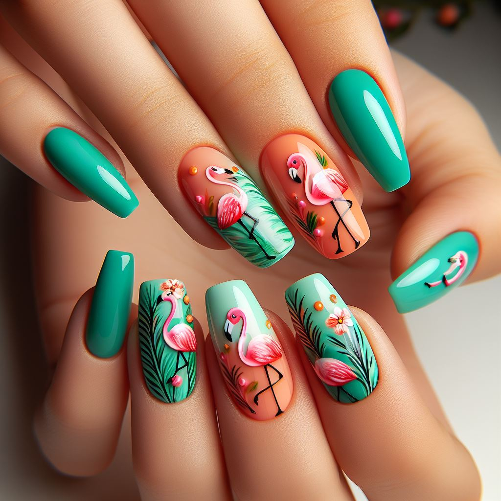  flamingo nail art with green and orange colors and flamingo stickers