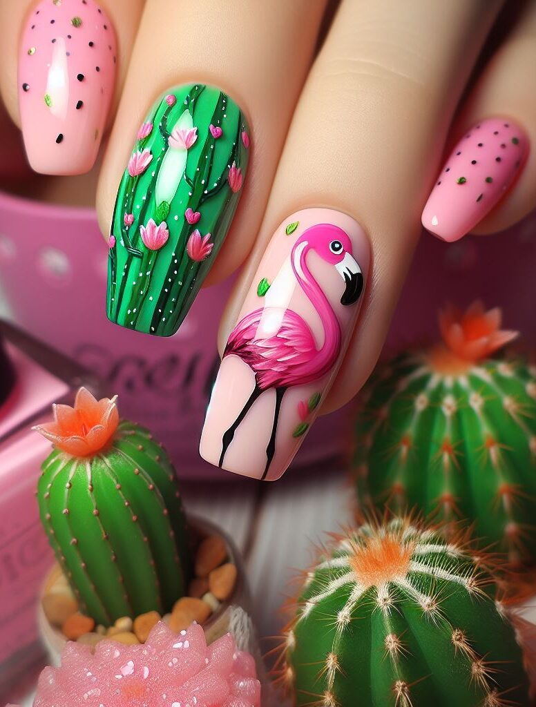 ¿Quién dice que los flamencos no pueden florecer en el desierto? Este arte de uñas único presenta encantadores flamencos rosados ​​ubicados entre cactus verdes, lo que demuestra que el estilo puede florecer en cualquier lugar.