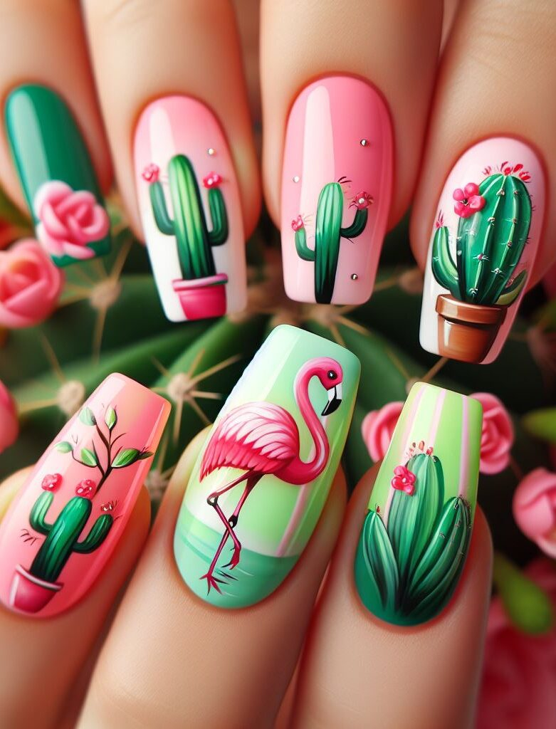 Desert vibes meet flamingo flair! This fun mani combines spiky cacti with playful pink flamingos on a cool green base. Perfect for a touch of the tropics!